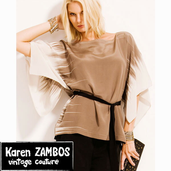 LAセレブ愛用ブランド Karen zambosカレンザンボス　キモノスリーブシルクトップス　　ベージュ　beige　ブラウス　プルオーバー　レディース　春　夏　秋　kitson　キットソン　planet blue プラネットブルー　SS　S　M　L　バイカラー　総柄