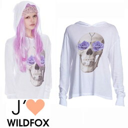 ワイルドフォックスクチュール LAセレブ愛用　 Wildfoxワイルドフォックスローズがキュート♪スカルロングスリーブパーカーLONG SLVE HOODIE SKULL　ロンT　長袖Tシャツ　白　ホワイト　レディース　春　秋　冬　kitson　キットソン　planet blue プラネットブルー　かわいい　おしゃれ　かっこいい