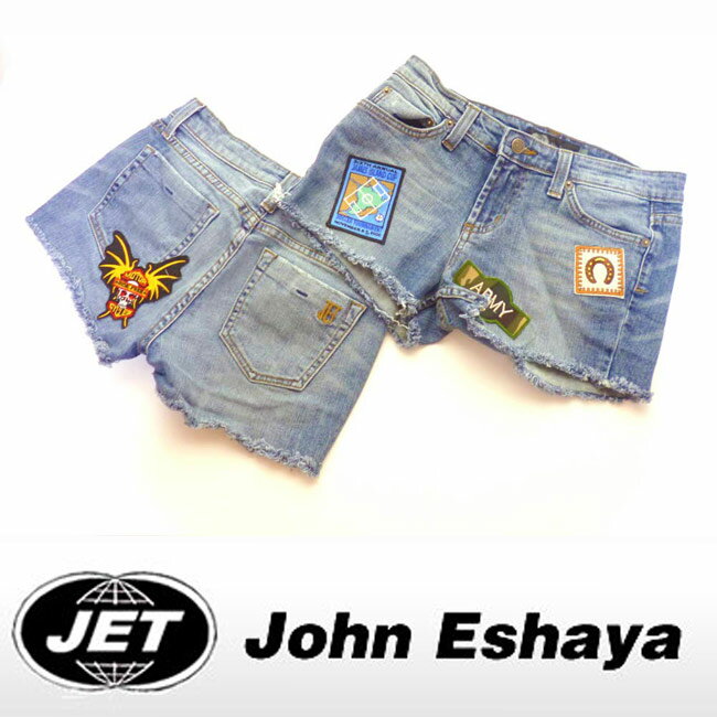 LAセレブ愛用ブランドJetジェットJohn eshayaワッペンがキュートすぎ！デニムショートパンツassorted patches shortホットパンツ　ショートジーンズ　20代30代40だ　おしゃれ　かわいい　春夏秋冬　フレッドシーガル　カリフォルニア