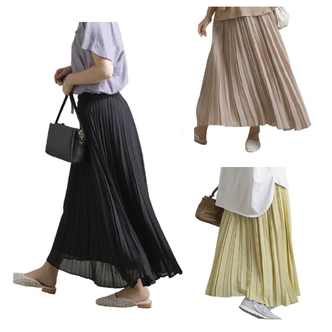 春色シフォンプリーツスカート ロング丈 ブラック ベージュ イエロー きれいめ 9273794 おしゃれ 上品 フェミニン 春夏秋冬 ウエストゴム