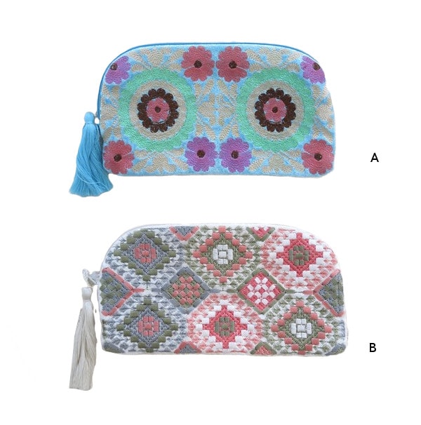 ベルベット生地刺繍柄ポーチ　ラウンドファスナー　横長　かわいい　おしゃれ　7255651