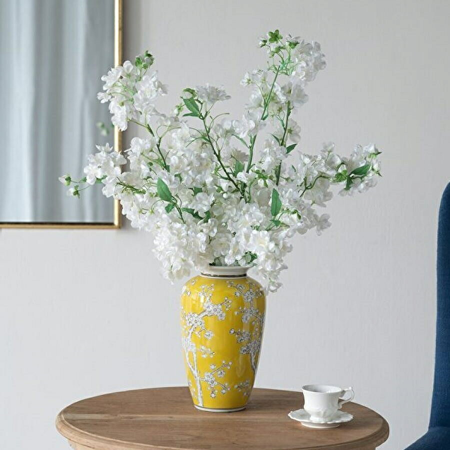 乐天商城 - シノワズリ 壺 高さ27cm 縦型 イエロー 磁器 ジャー 花びん 花瓶 花器 ディスプレイ 置物 風水 開運