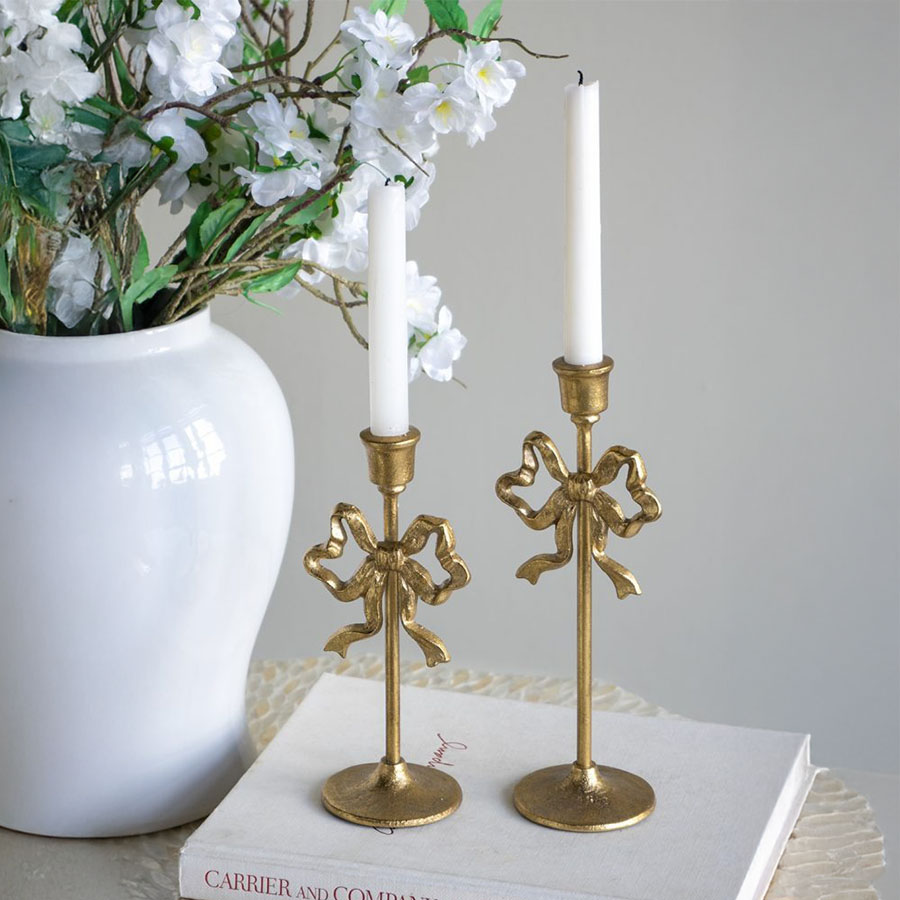 リボンモチーフ キャンドルホルダー 2本セット ゴールド キャンドル キャンドルスタンド ?燭立て ラグジュアリー ロマンティック アール・ヌーヴォー