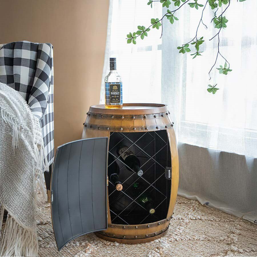サイドテーブル ワインラック 高さ61cm 樽 バレル テーブル 家具 天然木 扉付き リビング ワイン収納 輸入家具 お洒落 アンティーク調 高級感 ヨーロピアン 酒場(3)