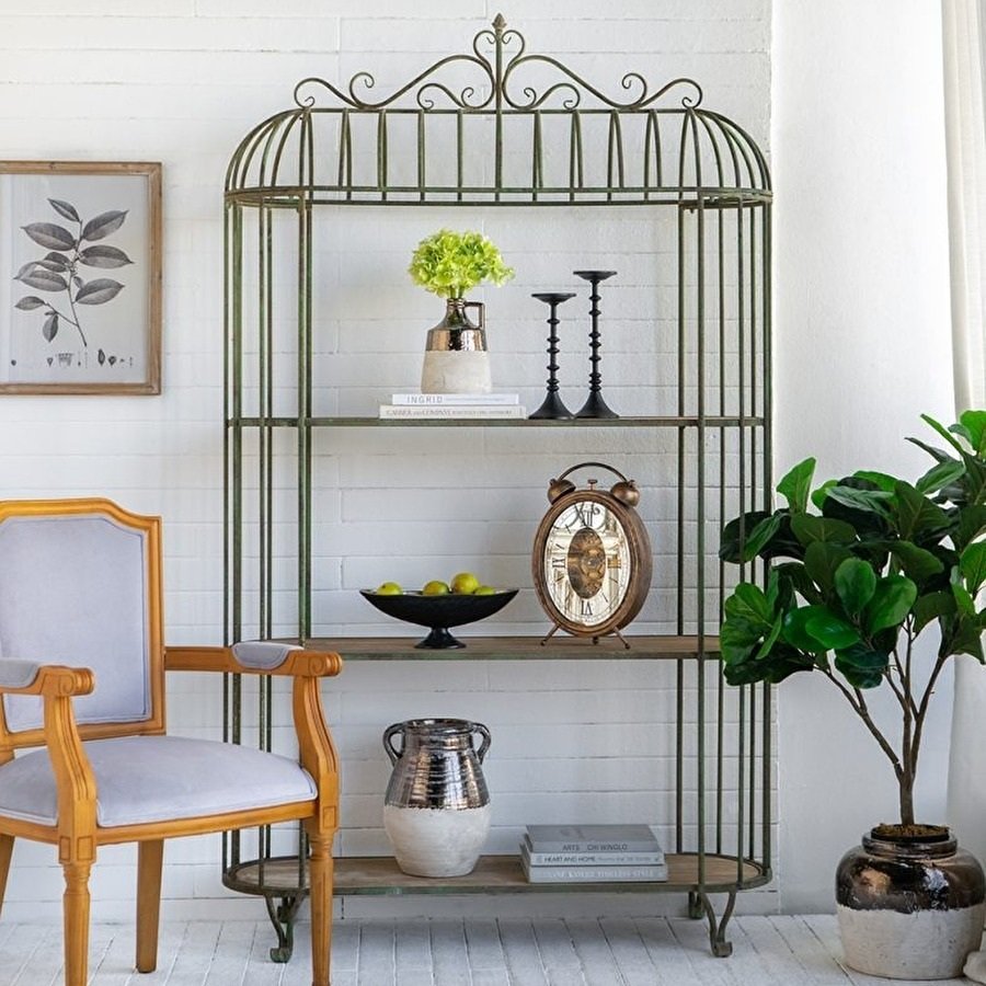 アイアン＆ウッドシェルフ 3段 高さ203cm 木製 鉄製 アンティーク調 北欧 バードケージ型 飾り棚 屋内 ..