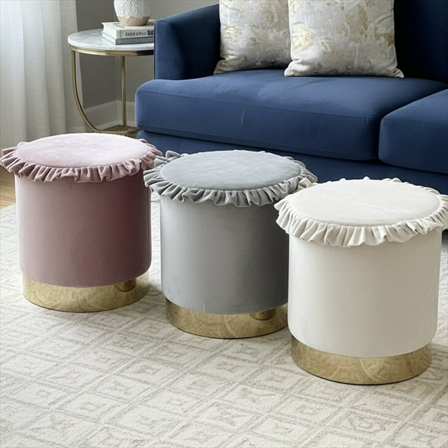 フリルラウンドスツールインテリア 3色展開 ベロア 椅子 いす 丸型 円型 イス おしゃれ 可愛い フランス 姫系 プリンセス 輸入家具