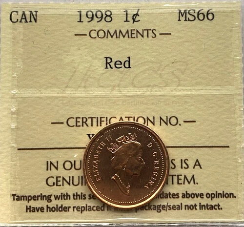 カナダ 1998年 1セント硬貨 - ICCS MS-66 赤