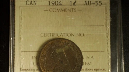 1904 年カナダ大型 1 セント硬貨 - ICCS グレード AU-55 素晴らしいコイン!!