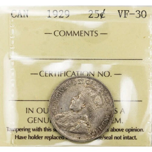 カナダ 1929年 25セントクォーター銀貨 - ICCS VF-30