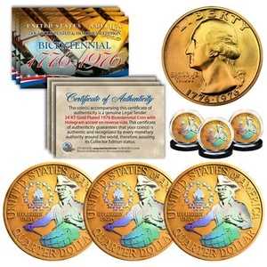 1976年建国200周年記念本物25セント硬貨 24K金メッキ＆プリズムホログラム - 数量：3