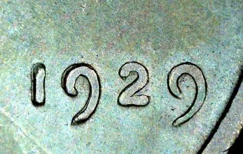 1929年アメリカセント硬貨（流通品、機械式二重刻印、フィラデルフィア造幣局）