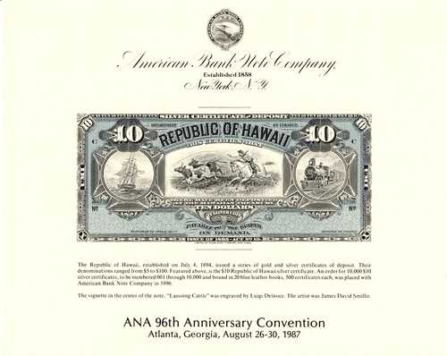 USA ABN SOUVENIR CARD SO57 1987 ANA Atlanta $10 REPUBLIC OF HAWAII 1894商品について出品者注記：新品未使用（発行時のまま）原産国：アメリカ合衆国流通/未使用：未使用注意事項以下の注意事項をご理解のうえ、ご購入ください。◆ 鑑定グレード・真贋について当店では、PCGS・NGC など主要鑑定機関の評価基準を基準に商品情報を記載しております。鑑定済み商品の場合、鑑定番号（Cert No.）で真贋確認が可能です。未鑑定品は、あくまで当店の知見に基づく評価となり、鑑定結果を保証するものではございません。◆ アンティーク特有の状態についてアンティークコイン・紙幣は、経年による小傷・変色・シミ・汚れなどがある場合がございます。コンディションは写真と説明文でできる限り正確にお伝えしておりますが、細部にこだわる方はご購入前にお問い合わせください。◆ 付属品についてコインボックス・証明書（COA）などの付属品は、商品説明に記載がある場合のみ同梱されます。記載がない場合は付属しませんので、あらかじめご確認ください。◆ 在庫状況について 当店の商品は海外から取り寄せております。ご購入のタイミングによっては在庫切れとなる場合がございます。その際はご連絡のうえ、ご注文をキャンセルさせていただく場合がございますので、あらかじめご了承ください。 ◆ 価格変動について 希少性の高い商品は市場価格の変動により、追加料金をお願いする場合がございます。追加料金に同意いただけない場合には、ご注文のキャンセルが可能ですので、ご安心ください。◆ 配送について お届けまでに通常2〜3週間ほどかかります。 海外の祝日や天候、税関手続きにより通常より配送が遅れる可能性がございます。 ◆ ご注文後の取り扱いご注文と同時に商品のお取り寄せを開始するため、ご注文確定後にお客様都合によるキャンセルは承っておりません。予めご了承下さい。◆ 保証について 商品説明に英語で「保証（warranty）」と記載があっても、日本国内では適用されませんのでご了承ください。 当店では、商品到着後7日以内の初期不良に限り、対応させていただきます。 （返品規約の詳細については、楽天市場内の会社概要欄下部をご参照ください。）◆ 商品の色・素材感について 撮影環境やモニター設定により、実際の商品と色味や質感が異なる場合がございます。 ◆ その他サービスについて 海外製品の輸入代行も承っております。ショップに掲載されていない商品でもお探し可能ですので、お気軽にご相談ください。 尚、業者販売（業販）や複数購入の場合、割引対応も可能です。ご希望の方はお問い合わせください。