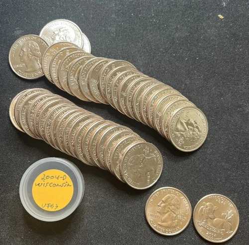 2004年ウィスコンシン州D州クォーター硬貨ロール（ミントバッグ入り、未開封、チューブ入り）