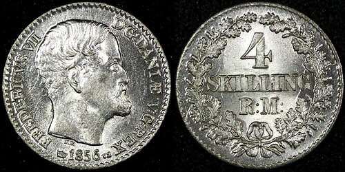 デンマーク フレデリック7世 銀貨 1856年 VS 4 スキリング リグスモント UNC ラスター KM# 758.2(0)