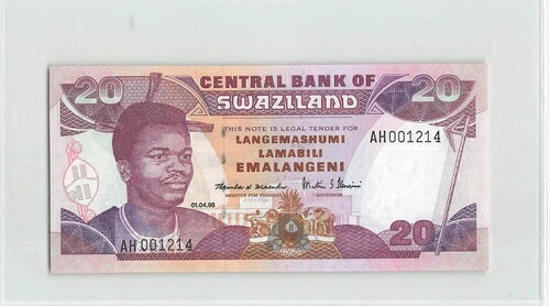 SWAZILAND 20 Emalangeni 1998、P-25c、AH001214、FC-O プリンター、UNC グレード W1