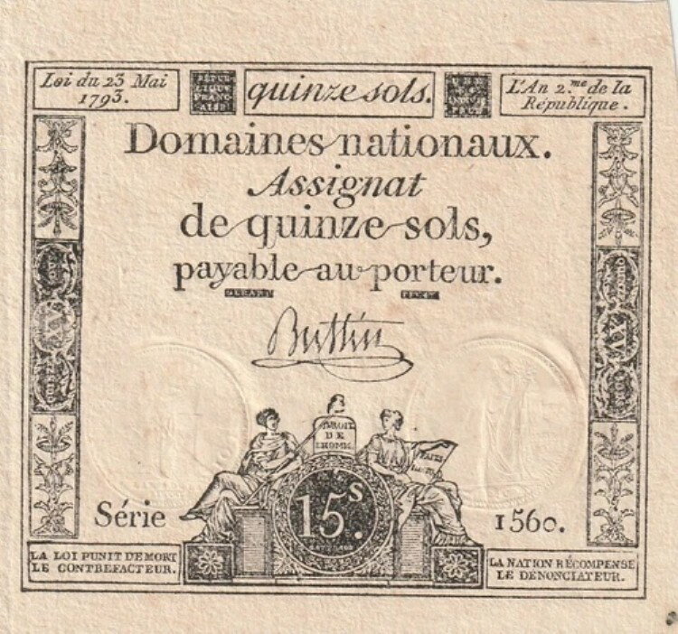 フランス 1793年 15ソル 未流通紙幣ピック A69b