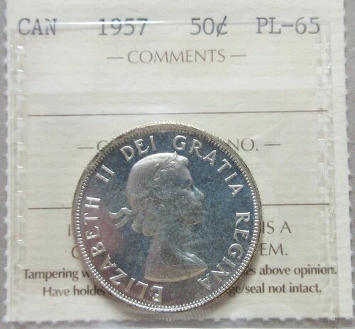 1957年カナダ シルバー ハーフドル 50セント硬貨。ICCS PL-65 UNC 50セント 50c