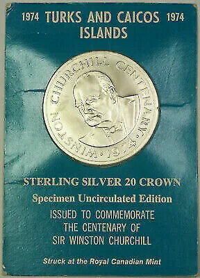 1974年 タークス・カイコス諸島 チャーチル記念銀貨 20クラウン標本 UNC