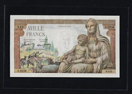 フランス 1000フラン 1943年 Deesse Demeter 希少 P-102 UNC 穴なし