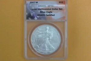 2007年 W バーニッシュド シルバー イーグル ANACS SP70 年次ドル UNC セットラベル - トーニング