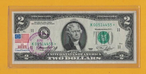 1976年 2.00ドル紙幣 STAR NOTE 消印あり 初日発行 1976年4月13日 ヒューストン テキサス州