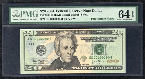 FR. 2089-K 2004 $20 FRN「パンハンドルホード」「シリアル番号390」PMG UNC-64EPQ