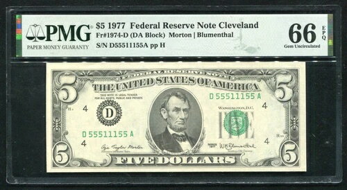 FR 1974-D 1977 $5 FRN「ファンシーバイナリーD55511155A」クリーブランド、オハイオ州PMG GEM UNC-66EPQ