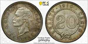 1910-H サラワク 20セント銀貨 PCGS UNC (92 - クリーニング済み)