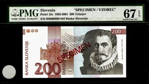 スロベニア 200 Tolarjev 1992 SPECIMEN PMG 67 EPQ UNC Pick#15s S/N RB000000 943