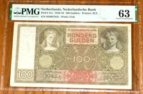 オランダ オランダ銀行 100 グルデン 1942-44 P51c UNC PMG 63 第二次世界大戦時代の紙幣