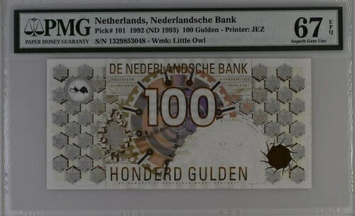 オランダ（ユーロ導入前）100グルデン 1992年 P101b UNC / PMG Superb GEM67EPQ