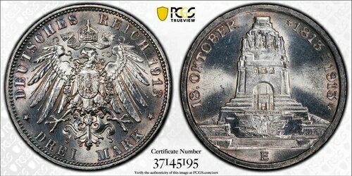 1913年 東ドイツ ザクセン 3マルク銀貨 PCGS UNC. KM-1275、ライプツィヒ