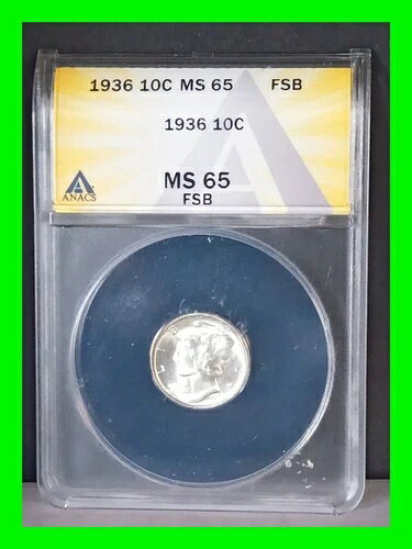 素晴らしい1936年製10セント硬貨、フルスプリットバンド、マーキュリーダイム、UNCグレード、MS 65 FSB ANACS