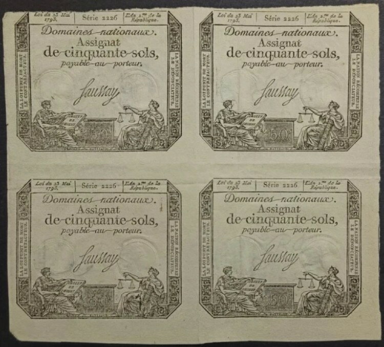 BY246- 非常に希少な1793年製フランス製アシニャ50ソル未カットブロック4枚セット ? a-UNC