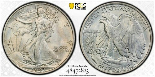 1943年 50セント シルバー ウォーキング リバティ ハーフ ドル PCGS MS66 グレード ミント ステート BU UNC