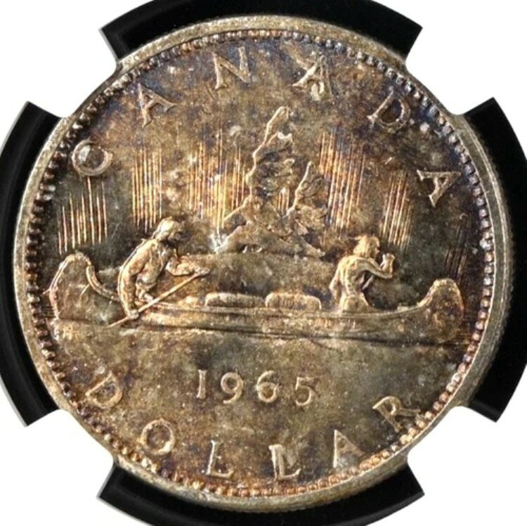 カナダ シルバー 1ドル 1965 NGC UNC 調色 エリザベス2世 小型ビーズ 尖った5
