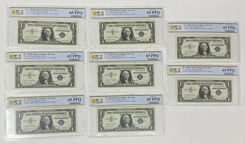 1957年 B $1 銀券 8枚 ブルーシール スターノート シーケンシャル 1621* PCGS 65