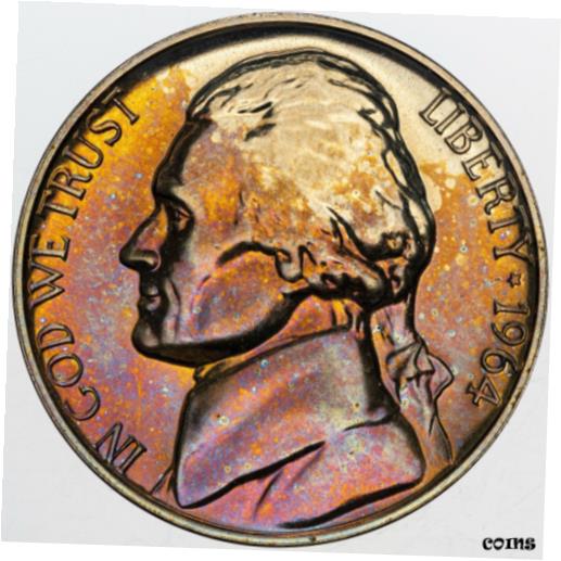 【極美品/品質保証書付】 アンティークコイン コイン 金貨 銀貨 [送料無料] 1964-P JEFFERSON NICKEL U.S 5 CENTS BU UNC BEAUTIFUL ORANGE PURPLE PROOF (MR)