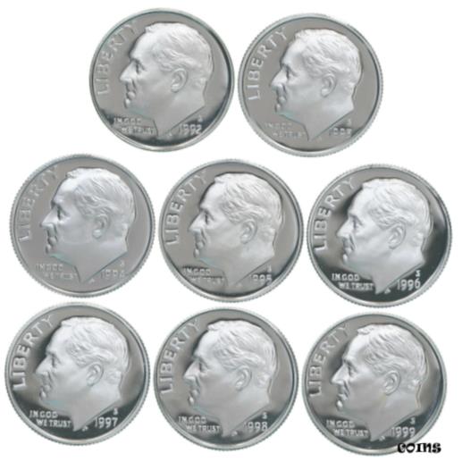 【極美品/品質保証書付】 アンティークコイン コイン 金貨 銀貨 [送料無料] 1992-1999 S Roosevelt Dimes 90% Silver Gem Deep Cameo Proof Run 8 Coin Set