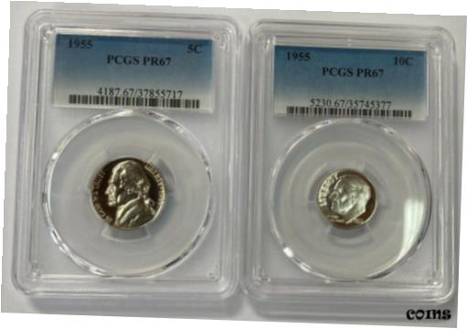 ڶ/ʼݾڽա ƥ    [̵] 1955 Roosevelt Dime and Jefferson Nickel PCGS PR67 2 Coin Set