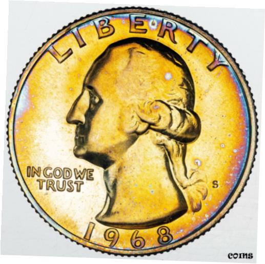【極美品/品質保証書付】 アンティークコイン コイン 金貨 銀貨 [送料無料] 1968-S U.S WASHINGTON QUARTER PROOF VIVID TONED LUSTER ORANGE COLORING NICE (MR)