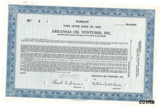 【極美品/品質保証書付】 アンティークコイン コイン 金貨 銀貨 送料無料 Arkansas Oil Ventures Warrant Specimen Stock Certificate