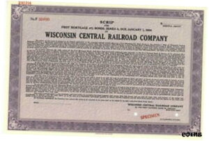 ウィスコンシン・セントラル鉄道会社。社債券証券見本Wisconsin Central Railroad Company. Stock Bond Scrip Certificate SPECIMEN