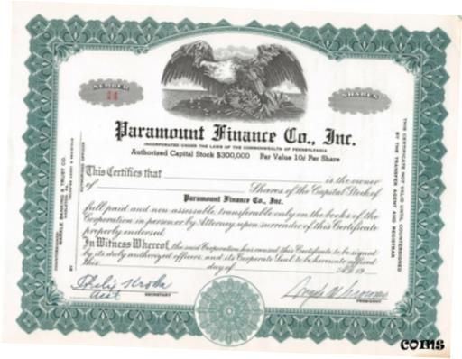 【極美品/品質保証書付】 アンティークコイン コイン 金貨 銀貨 送料無料 Paramount Finance Company Inc. Blank Specimen Capitol Stock Certificate