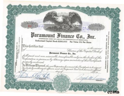 【極美品/品質保証書付】 アンティークコイン コイン 金貨 銀貨 送料無料 Paramount Finance Company Inc. Cancelled Specimen Capitol Stock Certificate