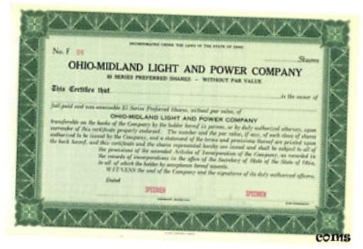  アンティークコイン 硬貨 Ohio-Midland Light and Power Company. SPECIMEN. Stock Certificate  #oof-wr-009264-3578