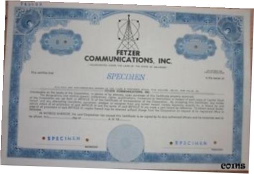 楽天金銀プラチナ　ワールドリソース【極美品/品質保証書付】 アンティークコイン コイン 金貨 銀貨 [送料無料] SPECIMEN Stock Certificate: 'Fetzer Communications, Inc.' Radio/TV - Blue