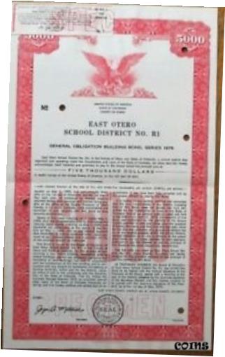 【極美品/品質保証書付】 アンティークコイン 硬貨 Otero County, CO Colorado SPECIMEN 1979 School Bond Certificate - East Otero 送料無料 oof-wr-009264-4543
