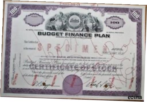 【極美品/品質保証書付】 アンティークコイン コイン 金貨 銀貨 送料無料 Budget Finance Plan 1960s SPECIMEN Stock Certificate - California CA