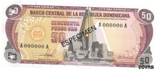 ڶ/ʼݾڽա ƥ    [̵] Dominican Republic 50 Pesos Oro 1981 P 121s Specimen Uncirculated Banknote E29